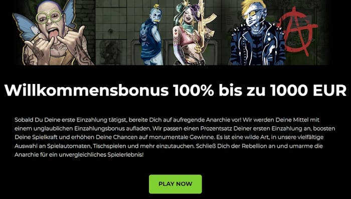 Anarchy Casino Willkommensbonus von 100 Prozent bis zu 1000 Euro