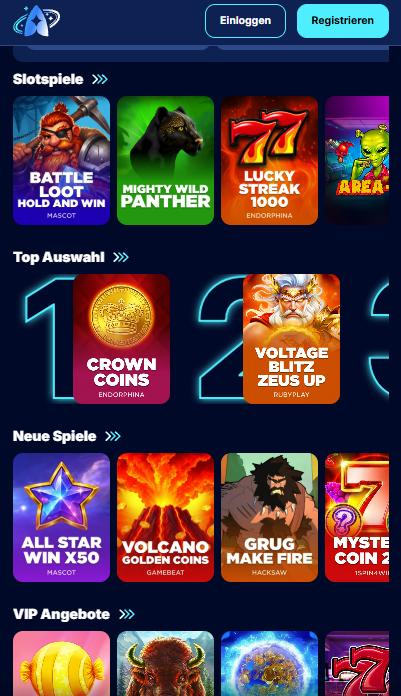 Spiellobby im Andromedasino zeigt Slots wie Lucky Streak 1000 neben anderen Spielkategorien