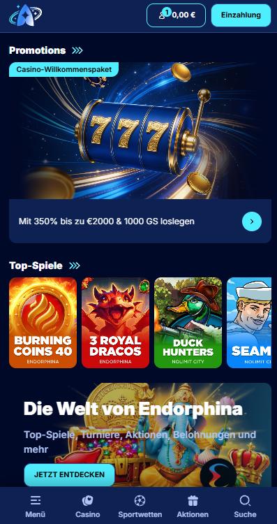 Startseite im Andromedasino zeigt Willkommensbonus und top Spiele