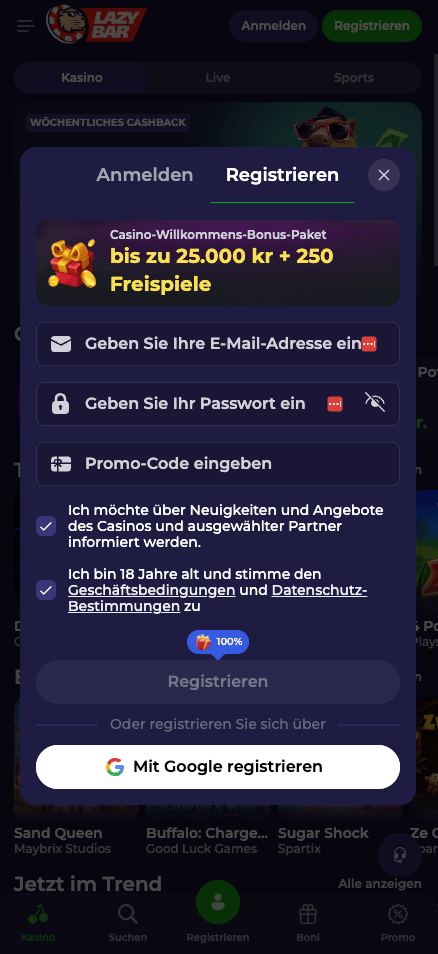 Anmeldeformular im Lazybar Casino