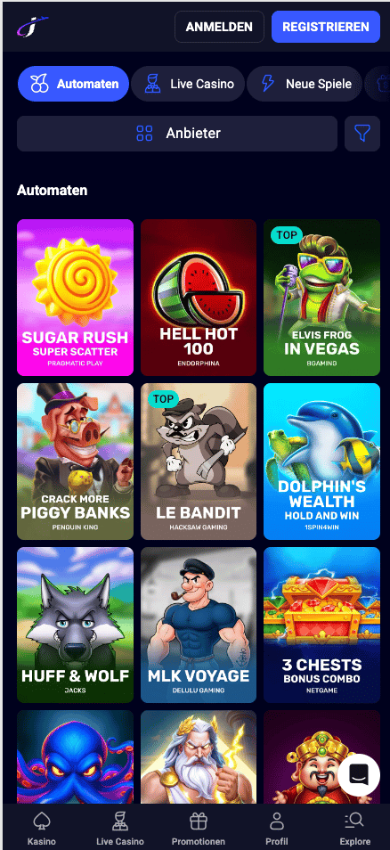 Spiellobby im Jet4Bet Casino zeigt Spiele wie Sugar Rush Super Scatter