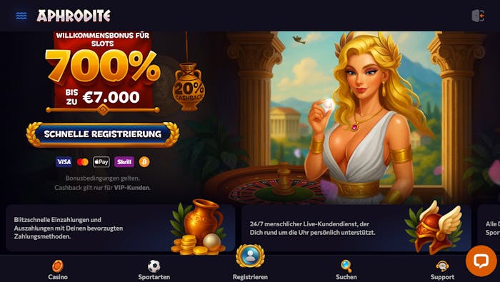 Screenshot vom Online Casino Aphrodite mit dem WIllkommensangebot 700 % Bonus.