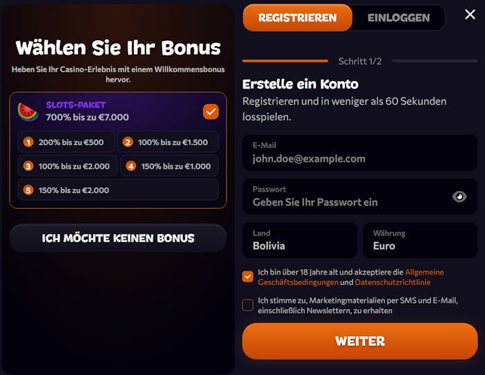 Aphrodite Casino Screenshot mit der Anmeldeseite. Links kann der Willkommensbonus ausgewählt werden, rechts dient zur Eingabe der Daten.