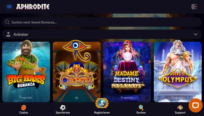 Aphrodite Casino Screenshot mit den Slots, darunter Big Bass Bonanza.