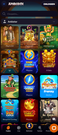 Aphrodite Casino Screenshot mit den Slots, darunter Fishin Frenzy.