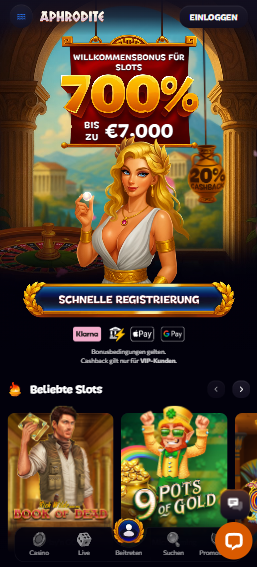 Screenshot vom Online Casino Aphrodite mit dem WIllkommensangebot 700 % Bonus.