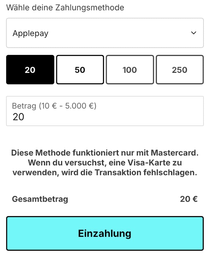 Einzahlungsbetrag im Casino mit Apple Pay angeben