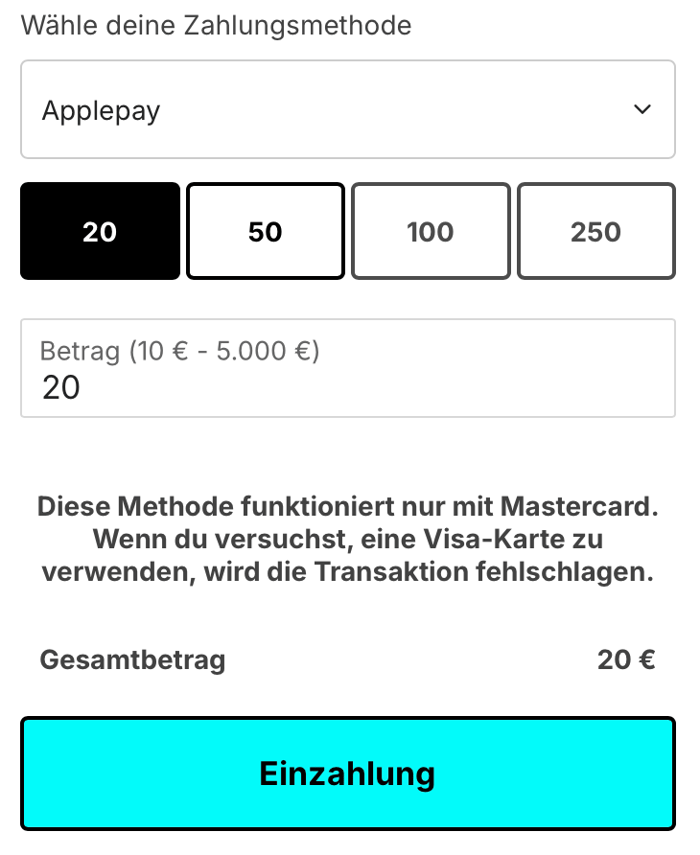 Einzahlungsbetrag im Casino mit Apple Pay angeben