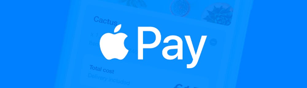 Apple Pay Logo vor hellblauem Hintergrund mit Smartphonebildschirm