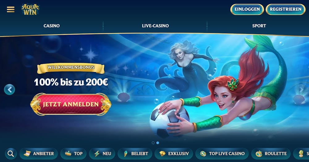 Screenshot vom Aquawin Casino mit dem Willkommensangebot und dem 100 % Bonus.