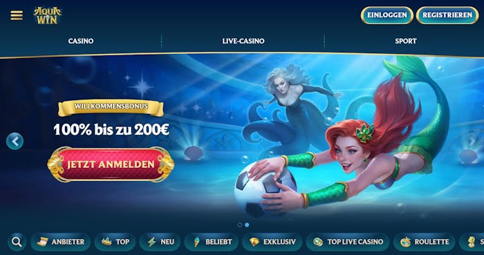 Screenshot vom Aquawin Casino mit dem Willkommensangebot und dem 100 % Bonus.