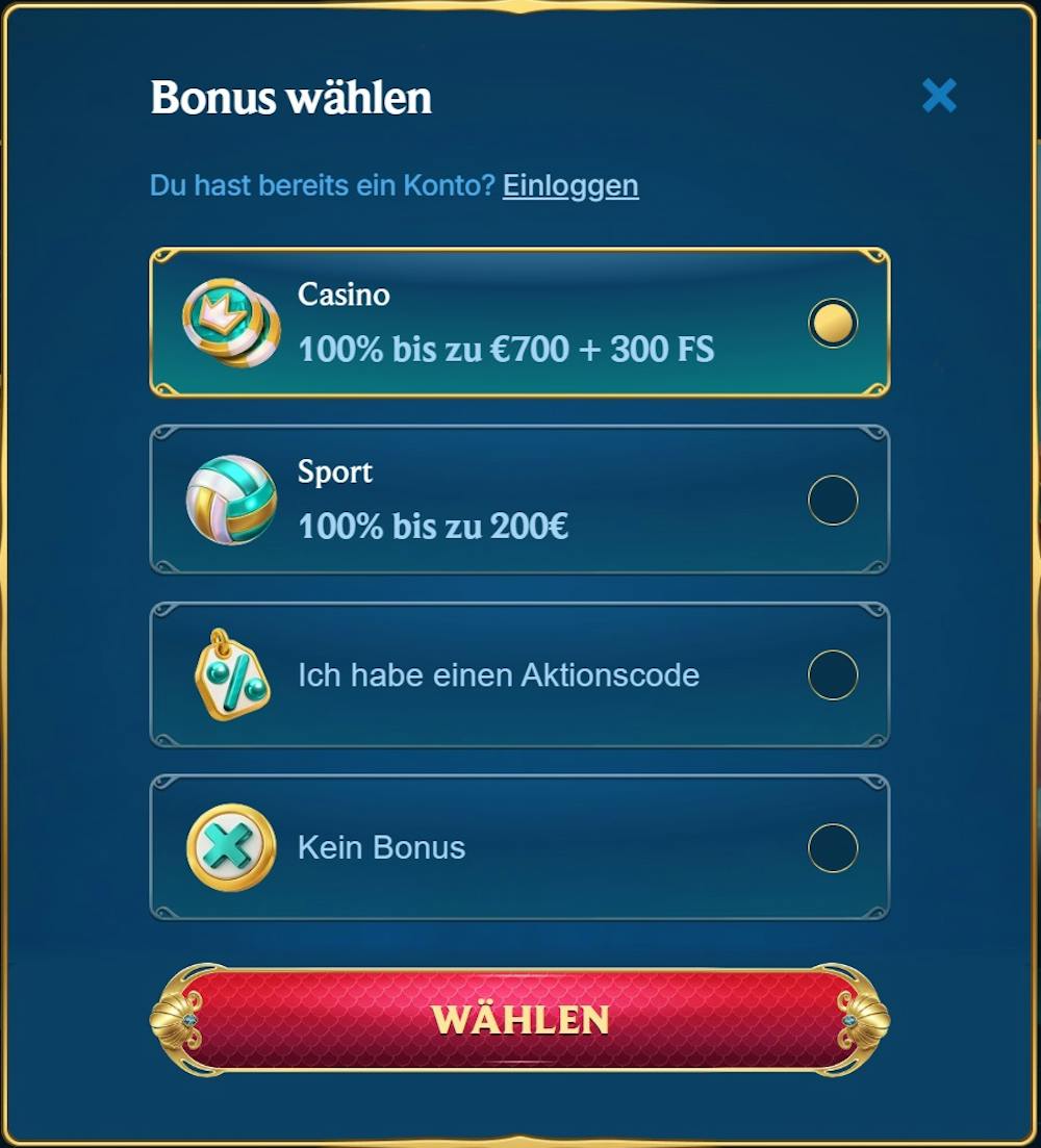 Aquawin Casino Screenshot mit der Anmeldeseite zum Eingeben der Daten.