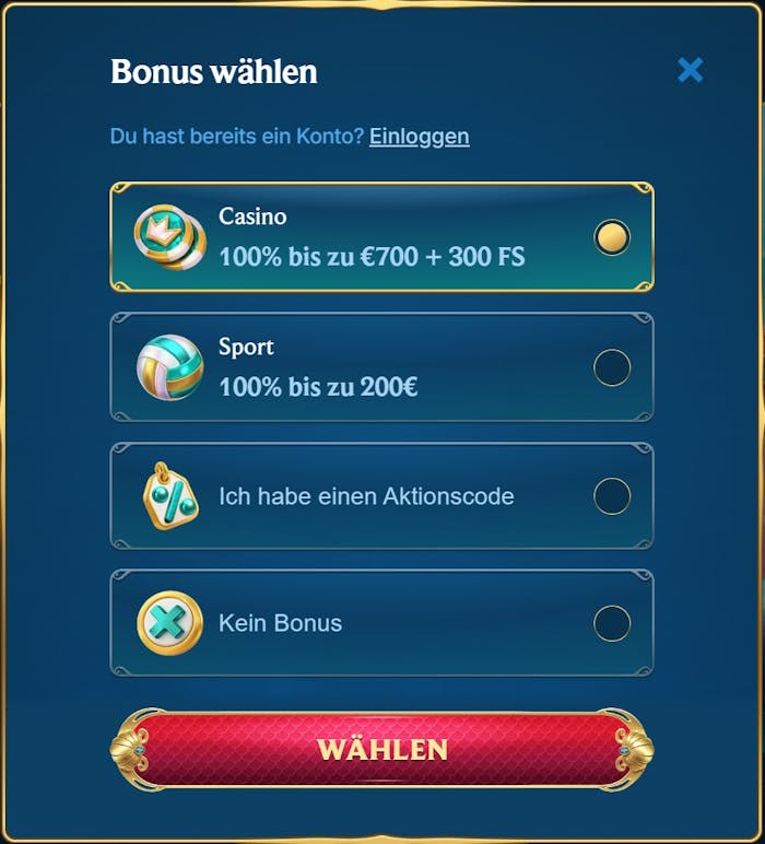 Aquawin Casino Screenshot mit der Anmeldeseite zum Eingeben der Daten.