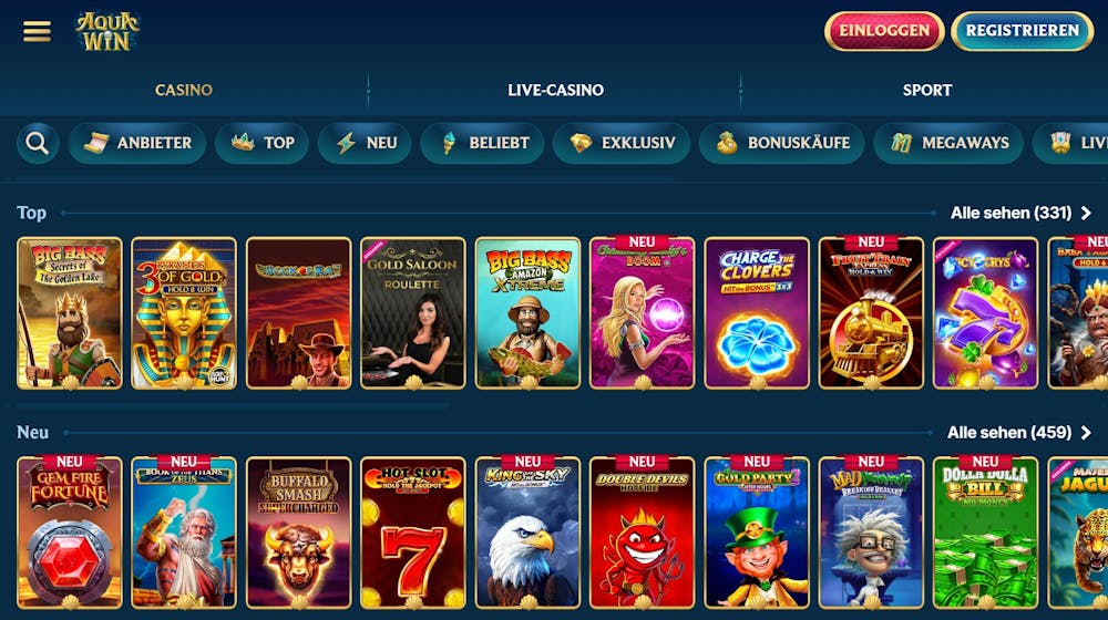 Aquawin Casino Screenshot mit der Slot Auswahl.