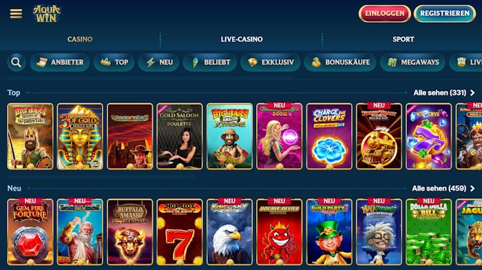 Aquawin Casino Screenshot mit der Slot Auswahl.