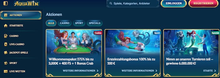 Aquawin Casino Screenshot mit dem Bonusangebot.