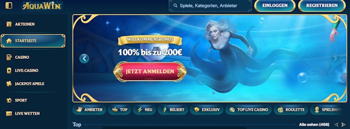 Aquawin Casino Screenshot mit dem Willkommensbonus in der Mitte, links befindet sich das Menü zur Navigation.