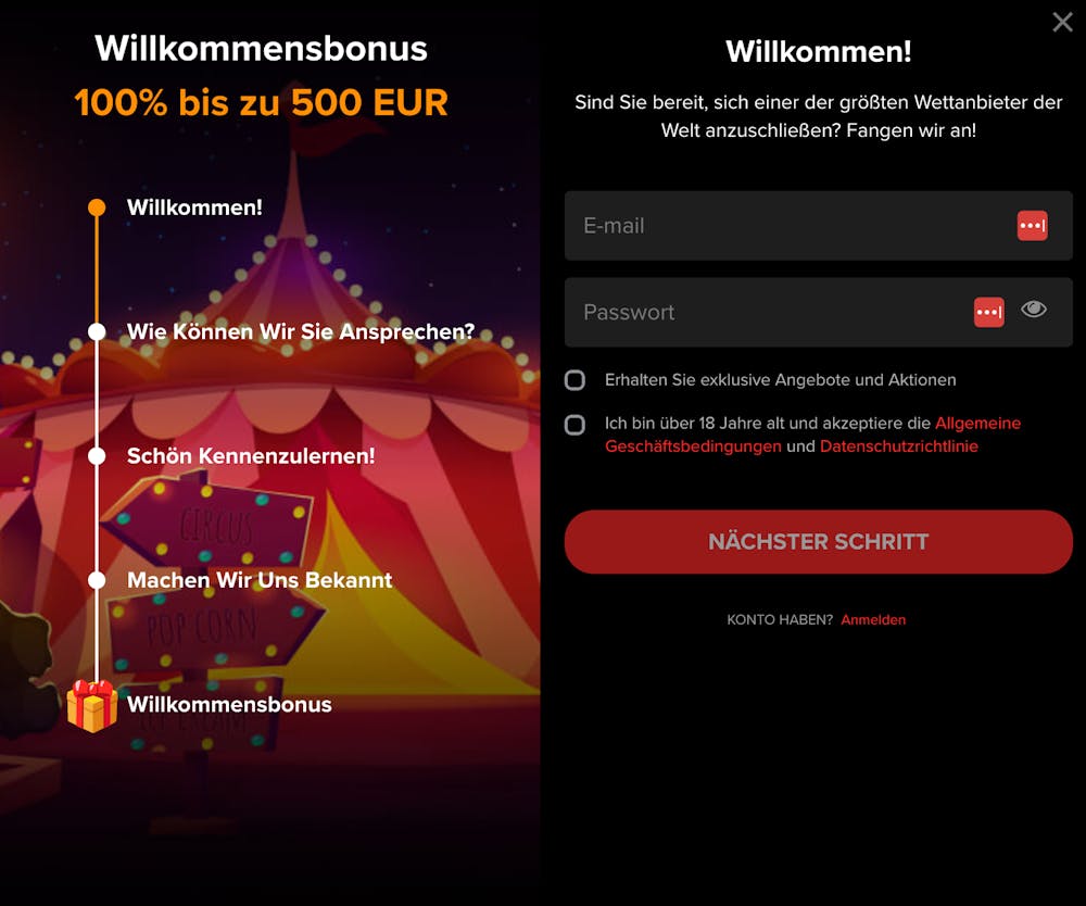 Arlekin Casino Registrierungsformular mit Willkommensbonusangebot