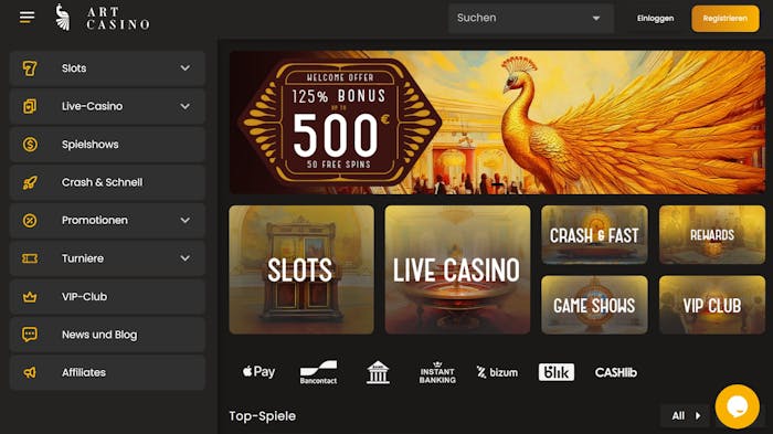 Startseite im Art Casino zeigt Einzahlungsbonus und Casino Bereiche
