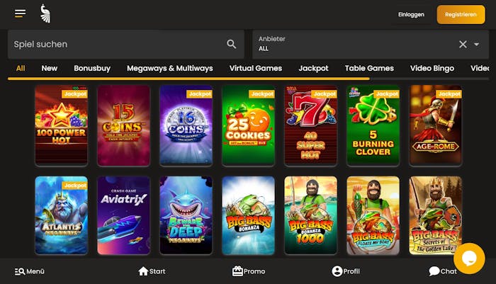 Spiellobby im Art Casino zeigt Spiele wie Big Bass Bonanza neben anderen Spielkategorien