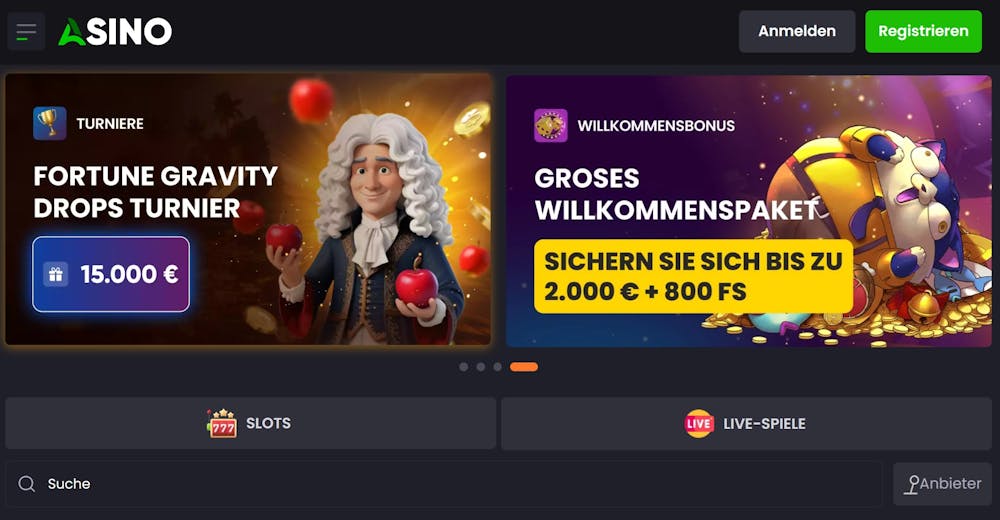 Die Startseite im Asino Casino zeigt das Willkommensangebot bis zu 2.000 Euro und 800 Freispiele sowie spezielle Turniere.