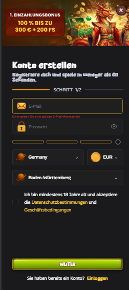 Registrierungsformular im Asino Casino
