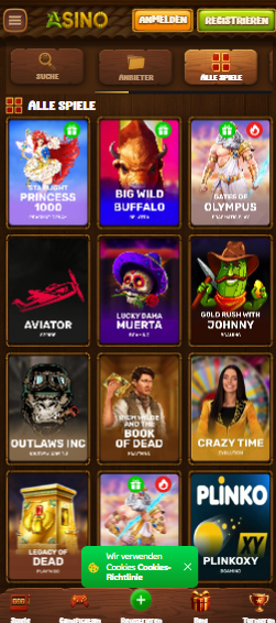 Die Asino Casino Spiellobby zeigt beliebte Spiele wie Gates of Olympus sowie andere Casino Kategorien und Filteroptionen.