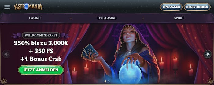 Astromania Casino Screenshot mit dem Willkommensangebot bis 3.000 € mit 350 Freispielen und Bonus Crab.