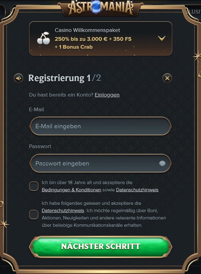 Screenshot vom Astromania Casino mit der Anmeldeseite zur Eingeben der Daten.