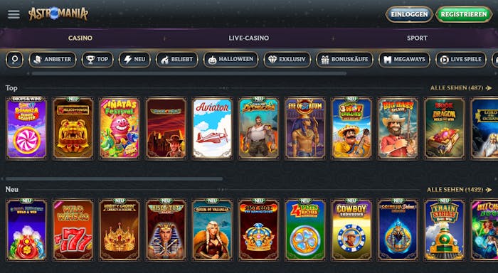 Astromania Casino Screenshot mit der Spieleauswahl und den Casino Slots.