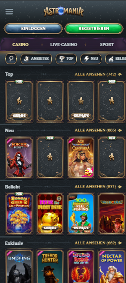 Astromania Casino Screenshot mit der Spieleauswahl und den Casino Slots.