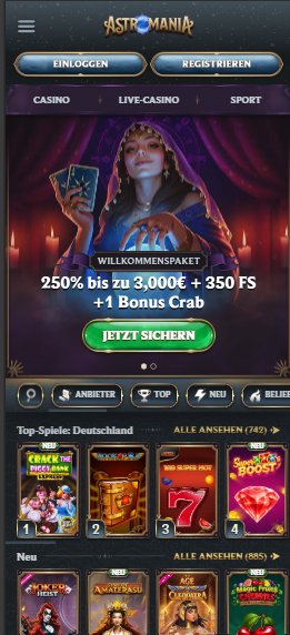 Astromania Casino Screenshot mit dem Willkommensangebot bis 3.000 € mit 350 Freispielen und Bonus Crab.