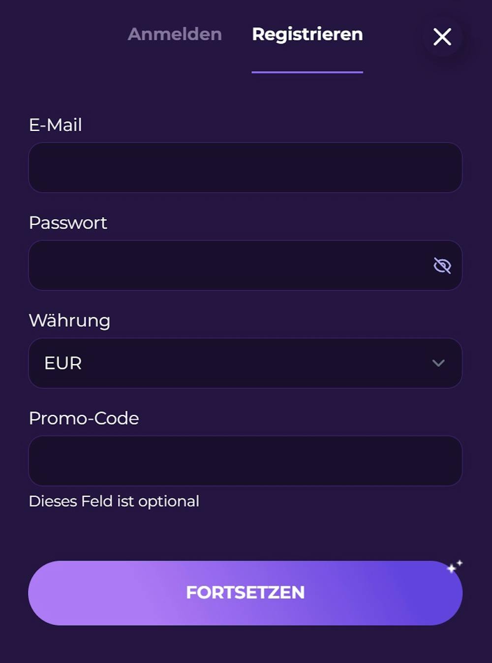 Astrozino Casino Screenshot mit der Anmeldeseite zum Eingeben der Email Adresse und des Passworts.