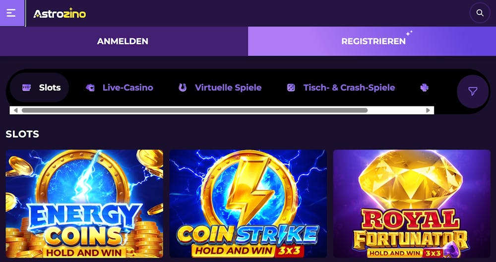 Astrozino Casino Screenshot mit der Slot Auswahl, darunter Energy Coins.