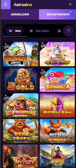 Astrozino Casino Screenshot mit der Slot Auswahl, darunter Big Bass Bonanza.