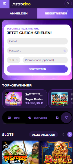 Screenshot vom Astrozino Casino mit dem Willkommensangebot.