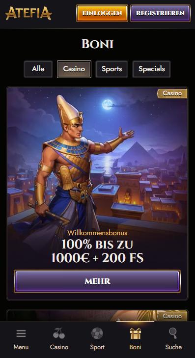 Atefia Casino Screenshot mit der Startseite und dem Willkommensbonus.