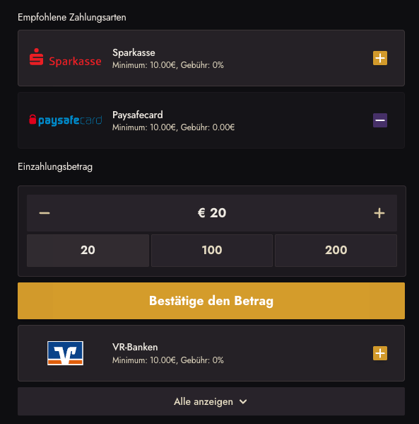 Einzahlung im Paysafe Casino Atefia