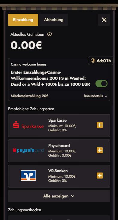 Atefia Screenshot mit der Seite mit den Zahlungsmethoden.