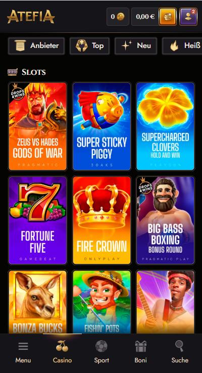 Atefia Screenshot mit der Slots Seite.