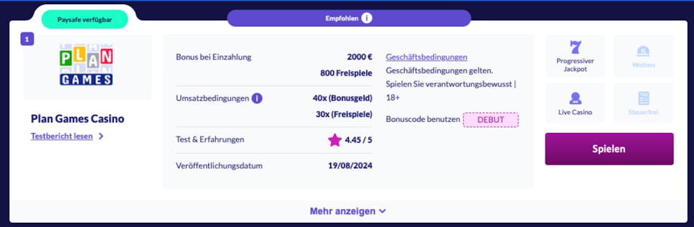 Besipiel für neues Online Casino in Casino Liste