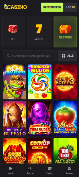 Avo Casino Spiellobby zeigt Top Spiele wie Bonanza Billion neben anderen Casino Kategorien
