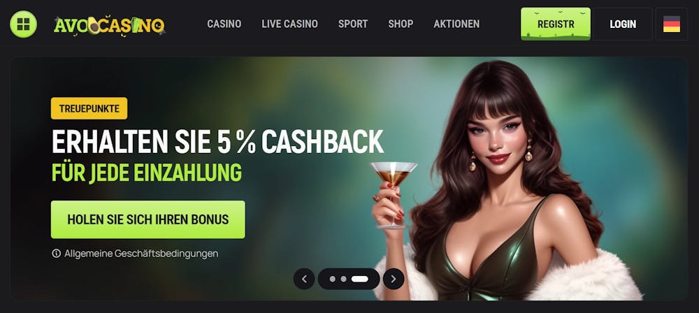 Avo Casino Startseite zeigt einen Cashback Bonus von 5% für jede Einzahlung