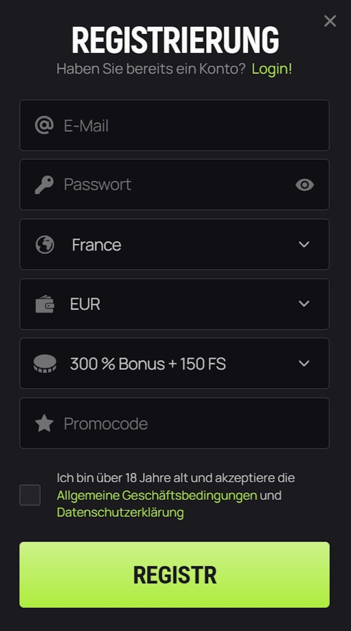 Das Anmeldeformular von Avo Casino