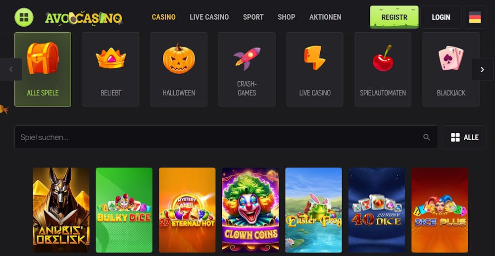 Avo Casino Spiellobby zeigt Top Spiele wie Clown Coins neben anderen Casino Kategorien