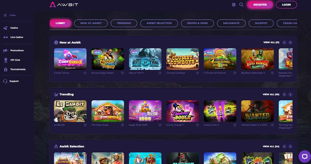 Awbit Casino Spiellobby zeigt Spielkategorien wie Trending und New at Awbit