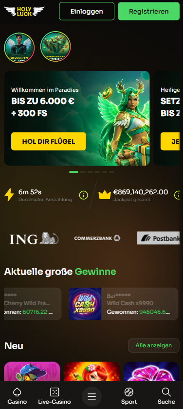 Holy Luck Casino Screenshot mit dem Willkommensbonus von 6.000 € und 300 Freispielen derzeit