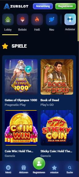 Spiellobby im AzurSlot Casino zeigt Spiele wie 36 Coins neben anderen Spielkategorien