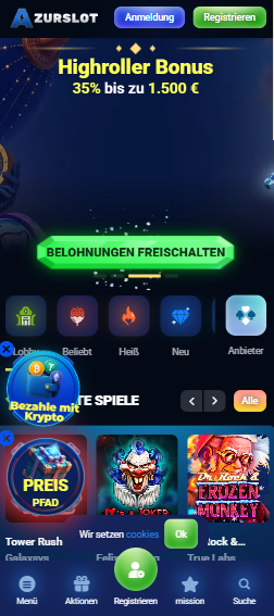 Startseite im AzurSlot Casino zeigt High Roller Bonus, Menü und Spielkategorien