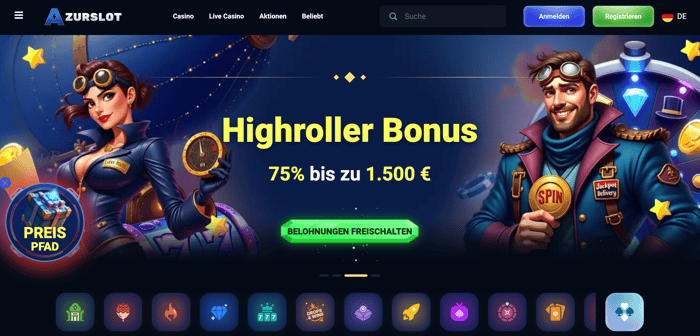 Startseite im AzurSlot Casino zeigt High Roller Bonus, Menü und Spielkategorien